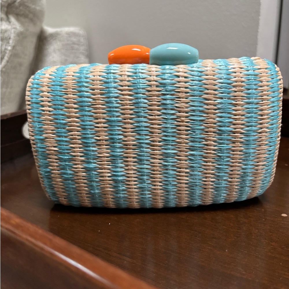 Striped Woven Clutch with Blue and Orange Accents